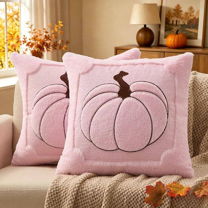 Fall Pillow Covers 18x18 Set of 2 Fall Pink Pumpkin Embroidery Throw Pillow Covers Soft Plush Fau... | Amazon (US)