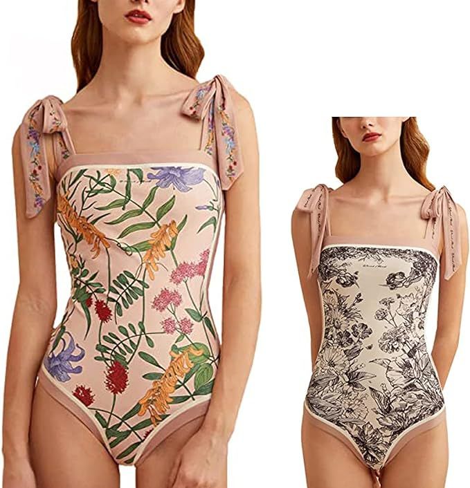 Women Floral One Piece Swimsuits Reversible Tie Shoulder Monokini,Tummy Control Square Neck Swims... | Amazon (US)