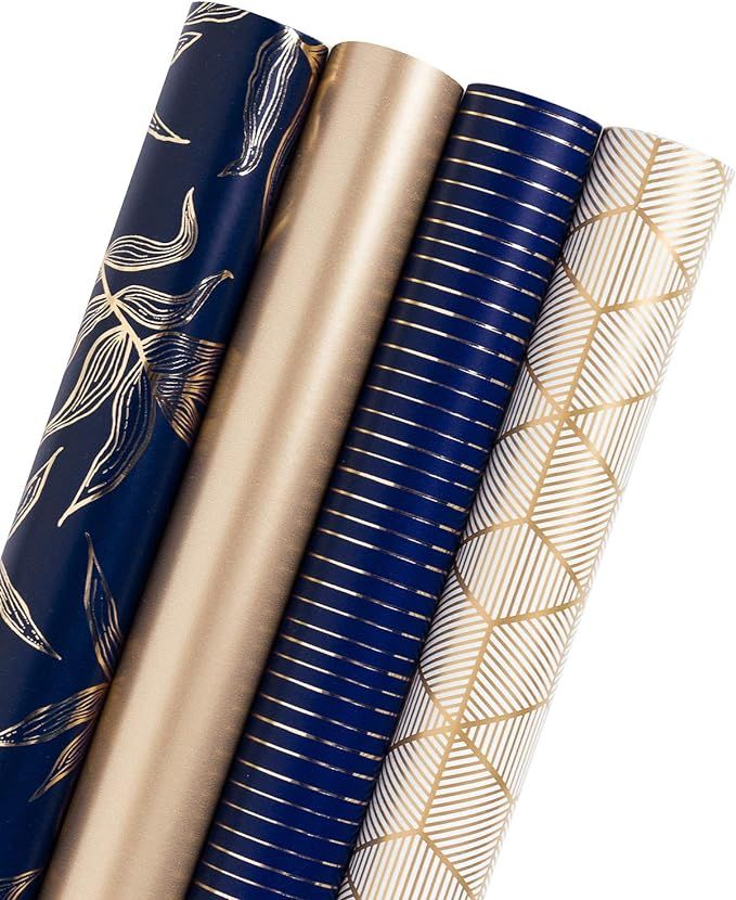 WRAPAHOLIC Wrapping Paper Roll - Gold and Navy Print with Cut Lines for Birthday, Holiday, Father... | Amazon (US)