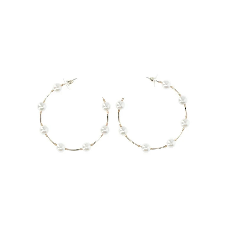 No Boundaries Gold-Tone and Faux Pearl Open Hoop Earrings, Women's | Walmart (US)