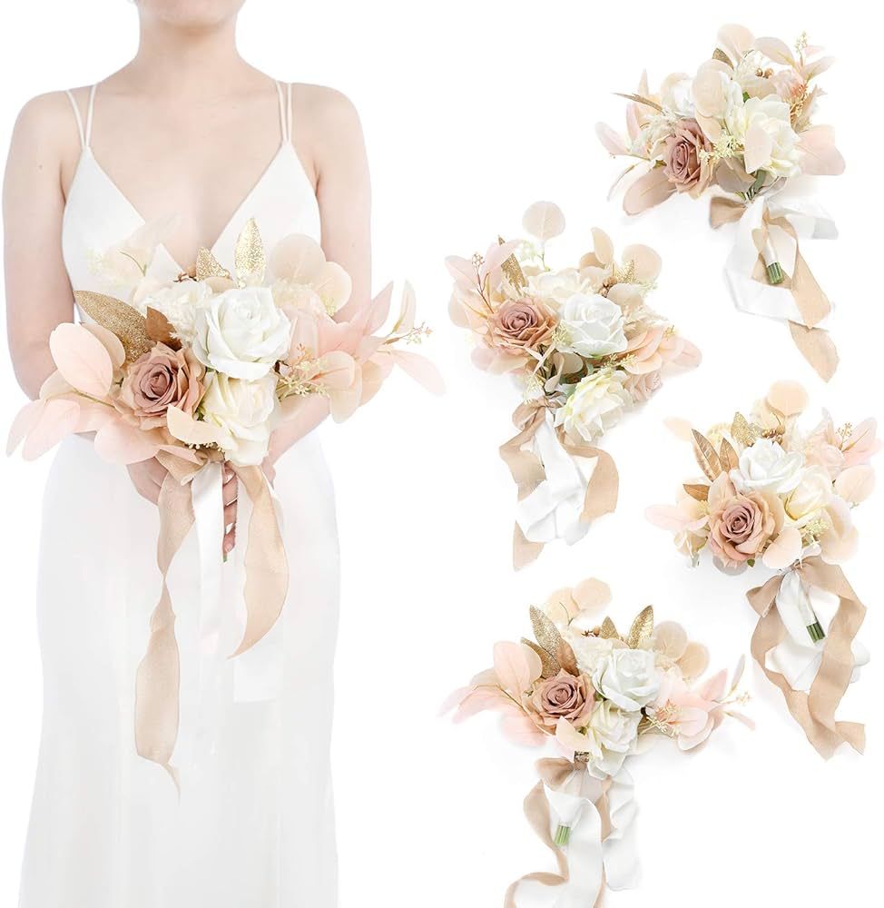 Ling's Moment Boho Bridesmaid Bouquet Set of 4, Beige & White Wedding Bouquets for Bridesmaids, 7... | Amazon (US)