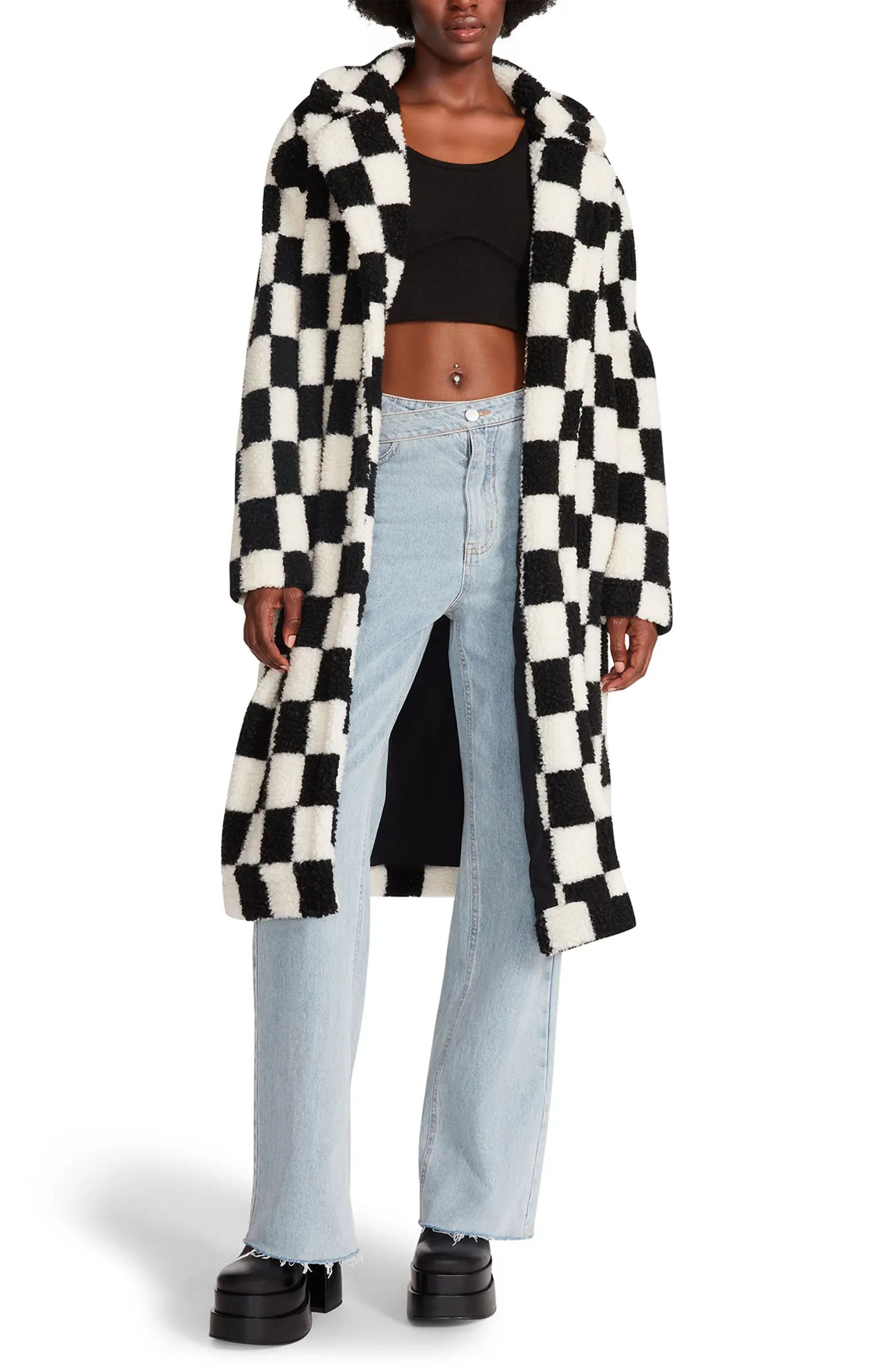 Steve Madden Sadie Checkered Long Teddy Coat | Nordstrom | Nordstrom