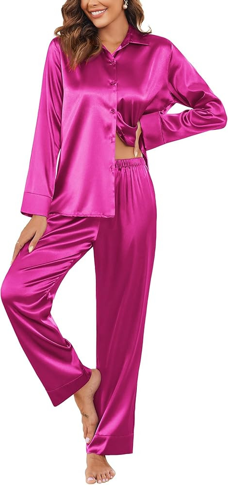 Ekouaer Classic Satin Pajamas for Women Long Sleeve Button Down Sleepwear Soft Silk Loungewear Pj... | Amazon (US)