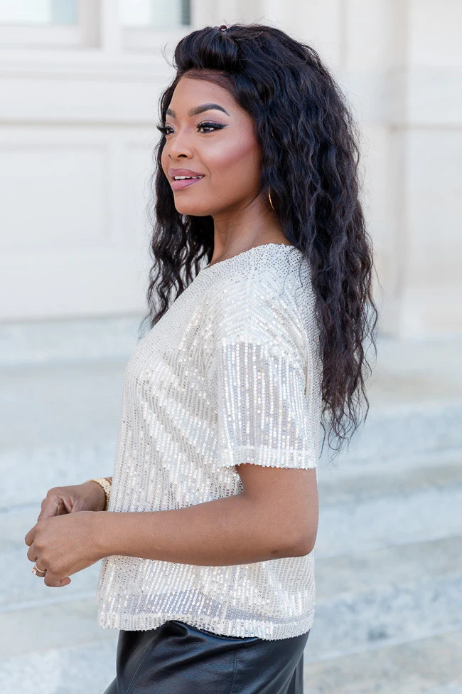 Flipped A Switch Champagne Sequin Tee | Pink Lily