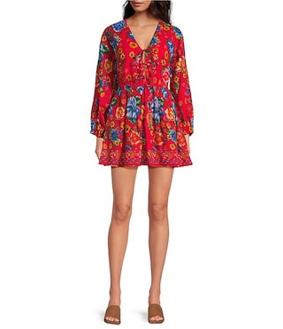 Chelsea & Violet Cadence Printed Tie Front V-Neck Long Sleeve Dress | Dillard's | Dillard's