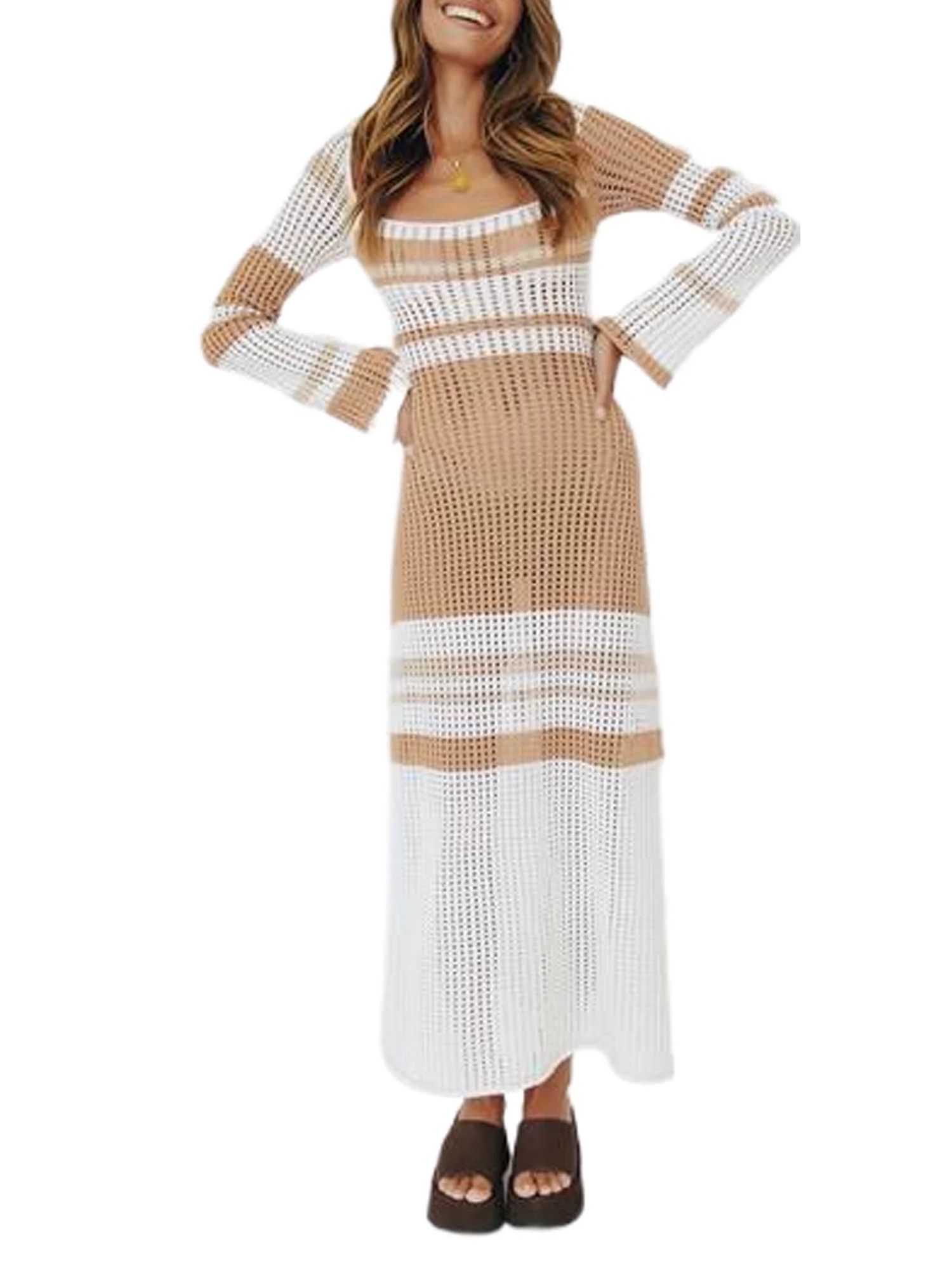 wybzd Women Crochet Knit Long Dress Patchwork Hollow Out Maxi Dress Striped Cover Up Summer Beach... | Walmart (US)