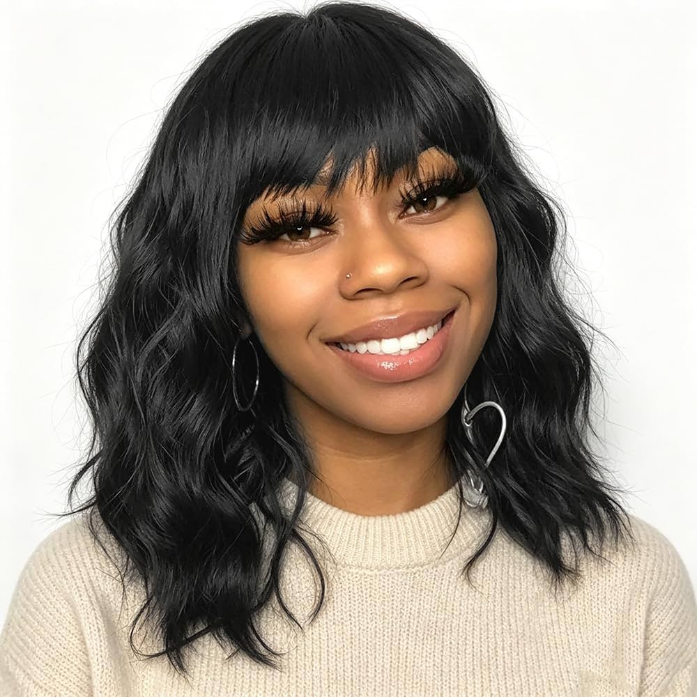 Black Wig with Bangs for Black Women,12 Inch Wavy Curly Bob Hair | Amazon (US)