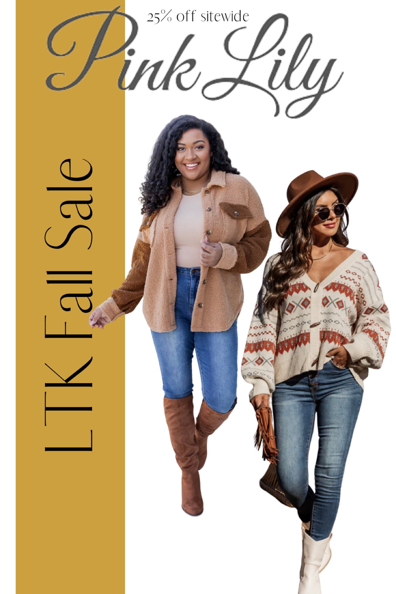 Pink Lily is 25% off SITEWIDE for the LTK Sale!! Today-Sept 20, exclusively in the LTK app.

Pink Lily, lounge, loungewear, day out, day date, date night, comfy, comfortable clothing, clothing, cardigan, sweater, shacket, casual wear, jeans, denim, boots, trending, fall fashion, fall outfits, white boots, fedora hat, size inclusive 

#LTKfit #LTKSale #LTKSeasonal