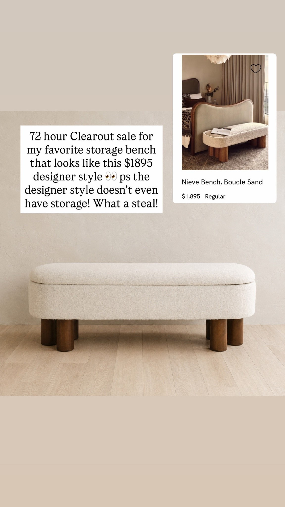 72 hour Clearout sale for my favorite storage bench that looks like this $1895 designer style 👀 ps the designer style doesn’t even have storage! What a steal!

#LTKHome #LTKSaleAlert #LTKmomlife