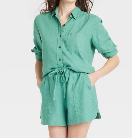 Target spring outfit ideas!! Button front shirt with matching linen shorts!! Target two piece set!! Spring outfits!! 