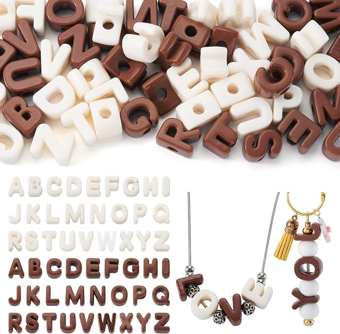 FASHEWELRY 52Pcs Large Acrylic Slide Letter Beads Brown Cream White Colored Alphabet Beads 3D Big... | Amazon (US)