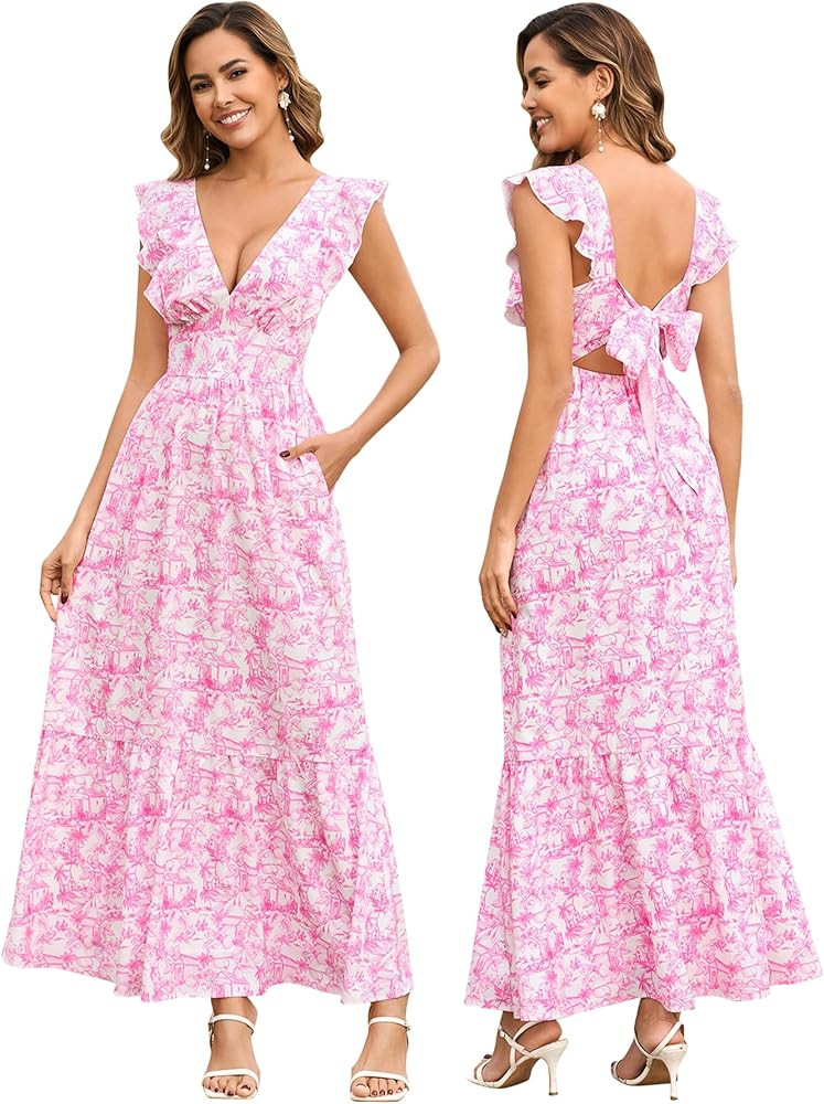 HTZMO Womens Floral Bow Tie Summer Maxi Dresses V Neck Ruffle Flutter Sleeve Casual Boho Long Sun... | Amazon (US)