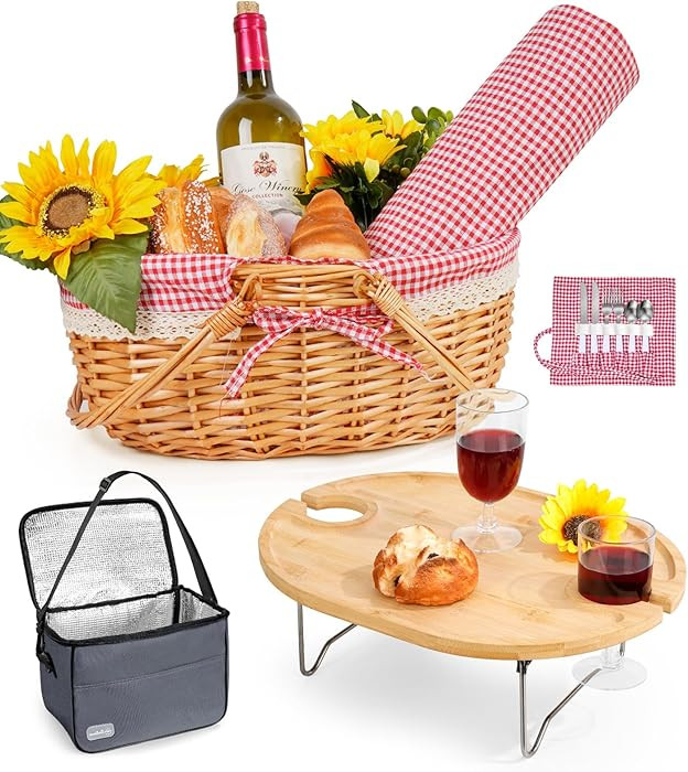 Picnic Basket for 2 with Table and Blanket Collapsible Cooler Bag Insulated Picnic Set for Beach ... | Amazon (US)