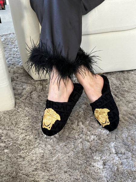 Versace black and gold Medusa slippers and black satin feather trimmed PJ set. 

#LTKSeasonal #LTKGiftGuide #LTKFind