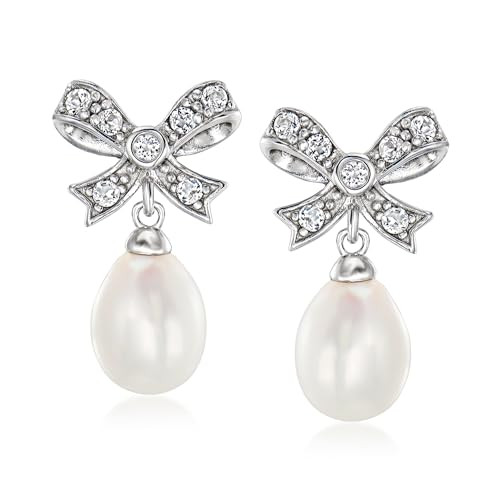 Ross-Simons 8-9mm Cultured Pearl and .30 ct. t.w. White Topaz Bow Drop Earrings in Sterling Silve... | Amazon (US)