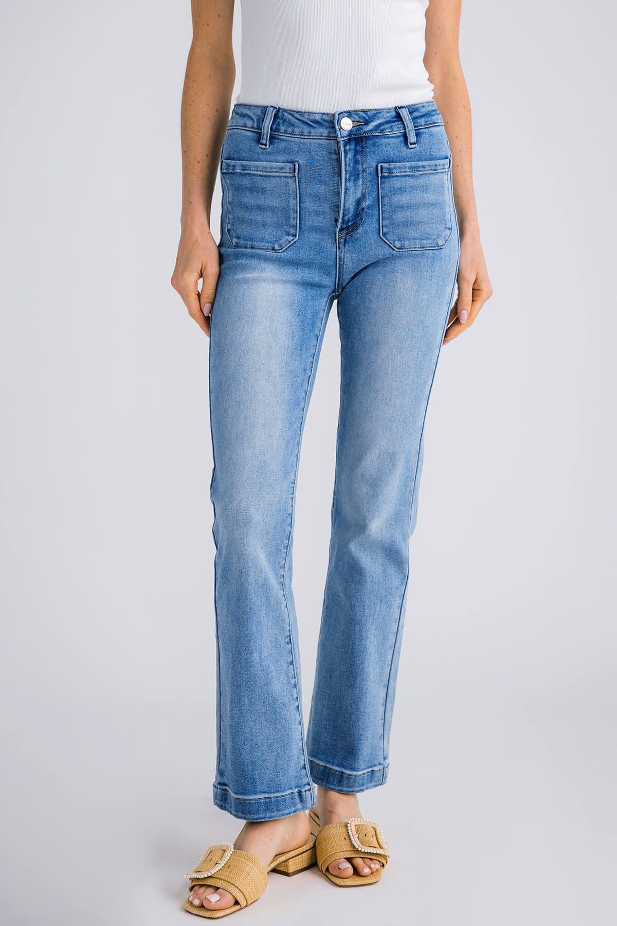 Risen Camille High Rise Patch Pocket Straight Jeans | Social Threads