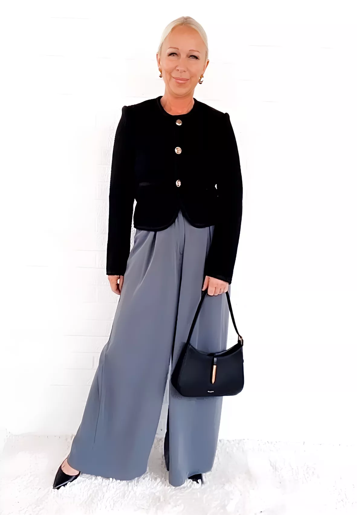 Get the look: bouclé sweater and wide-leg trousers