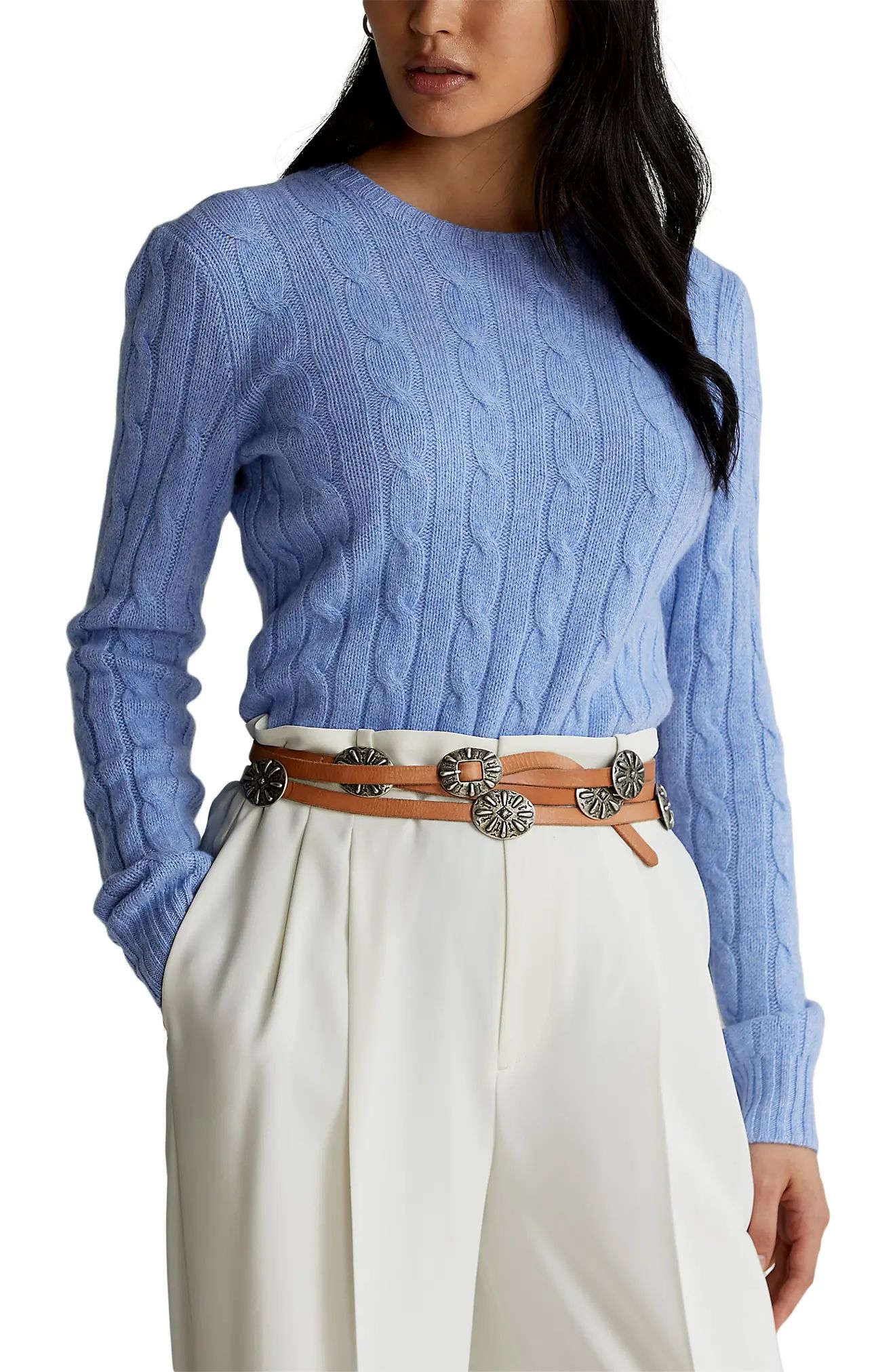 Women's Polo Ralph Lauren Julianna Cashmere Cable Crewneck, Size Large - Blue | Nordstrom