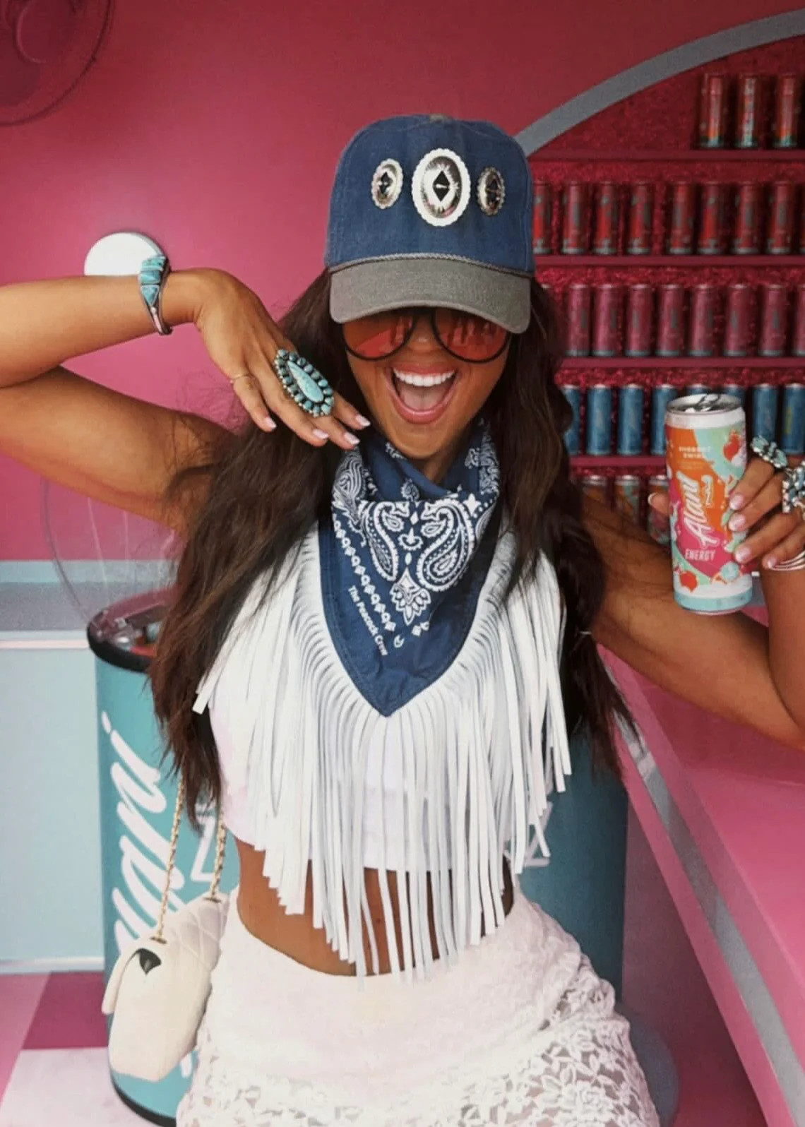 Leather Fringe Bandana in Navy/White | Glitzy Bella