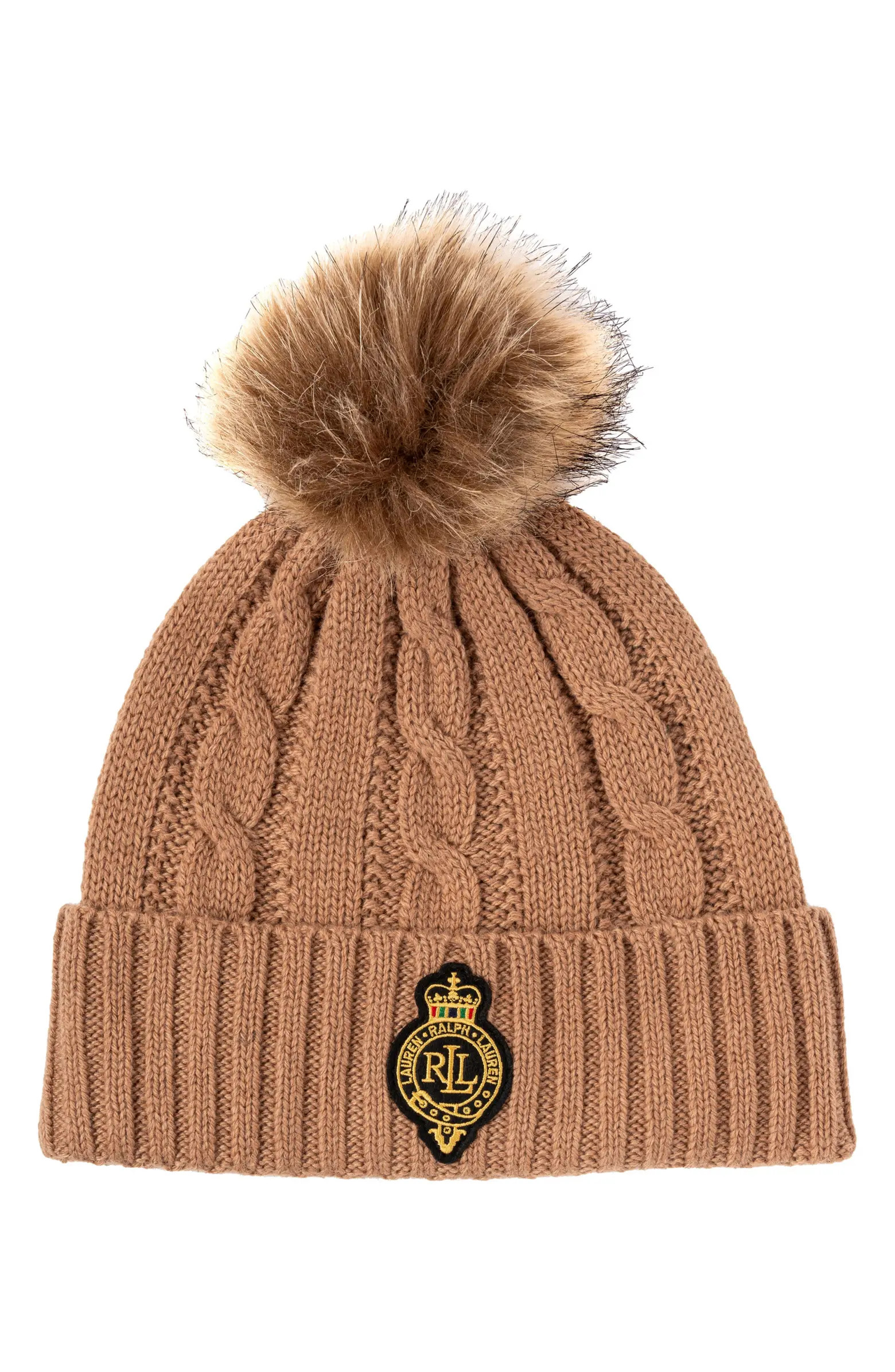 Lauren Ralph Lauren Crest Cable Knit Beanie with Faux Fur Pompom | Nordstrom | Nordstrom