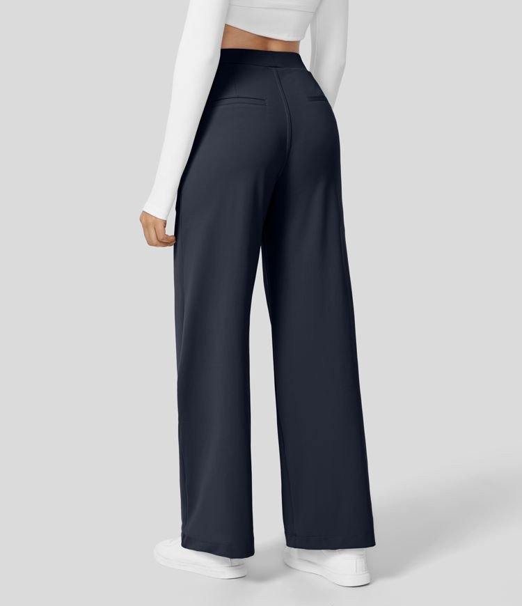 High Waisted Plicated Side Pocket Straight Leg Work Pants | HALARA