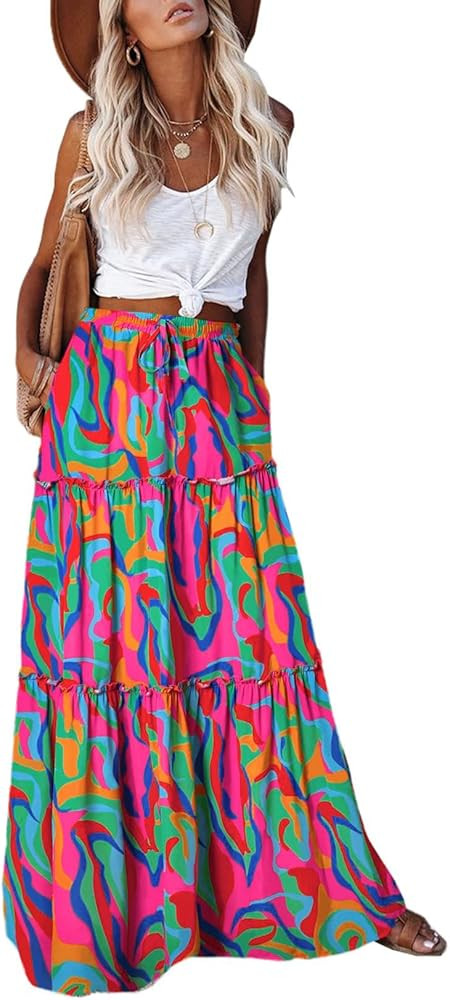 EARKOHA Womens Casual High Waist Tie Paisley Print Long Maxi Skirt with Pockets | Amazon (US)