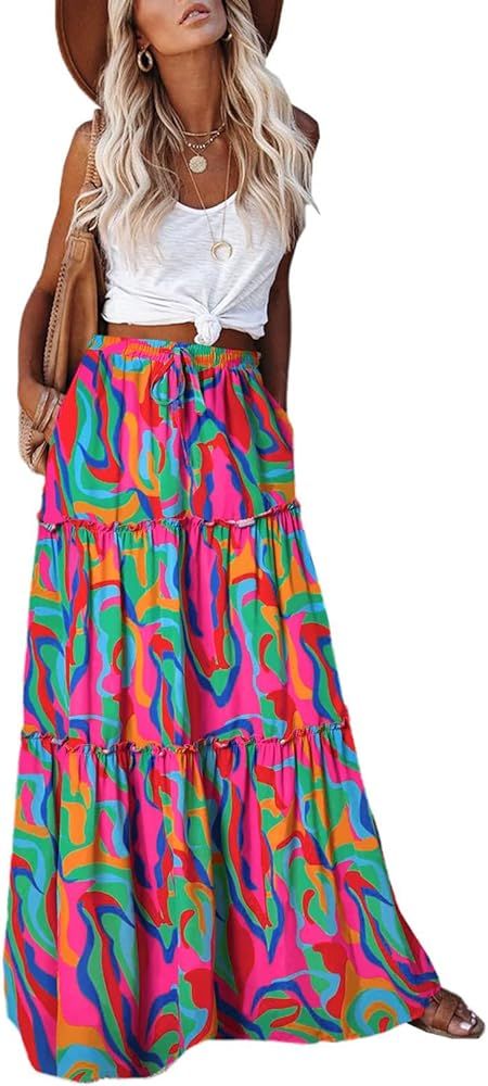 EARKOHA Womens Casual High Waist Tiered Paisley Print Long Maxi Skirt with Pockets | Amazon (US)