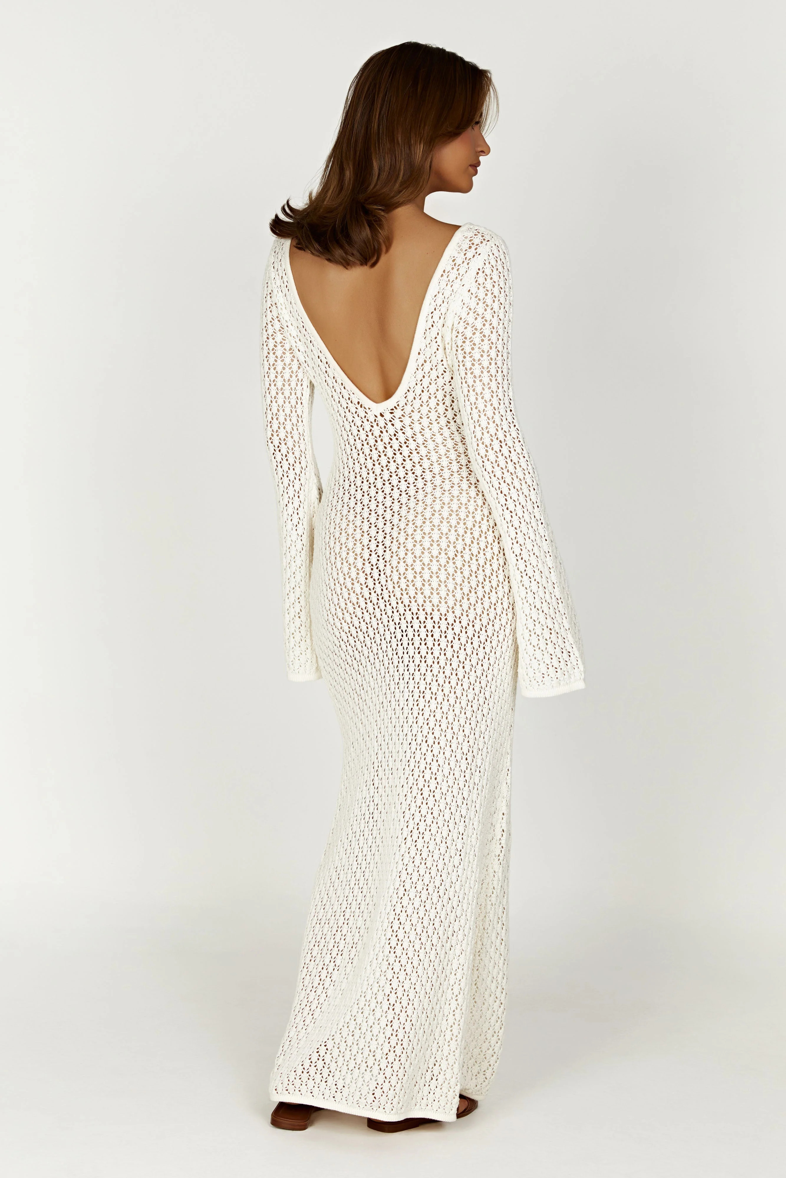 Kayleigh Crochet Fishtail Flare Sleeve Maxi Dress - White | MESHKI US