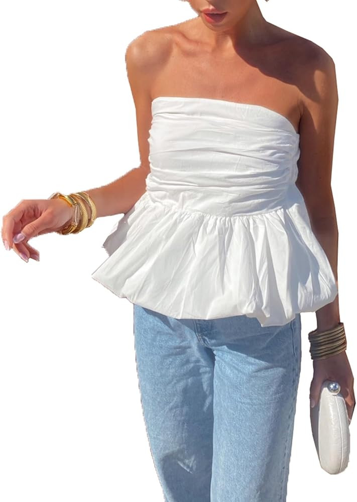 Women Y2k Peplum Tube top Strapless Bubble Bandeau Top Ruffle Hem Flowy Aesthetic Summer Going Ou... | Amazon (US)