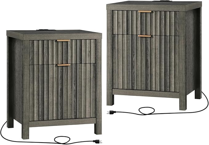 Oxford 2 Drawer Nightstand, End Table with Charging Station, Night Stand with Fluted Panel, Bed S... | Amazon (US)