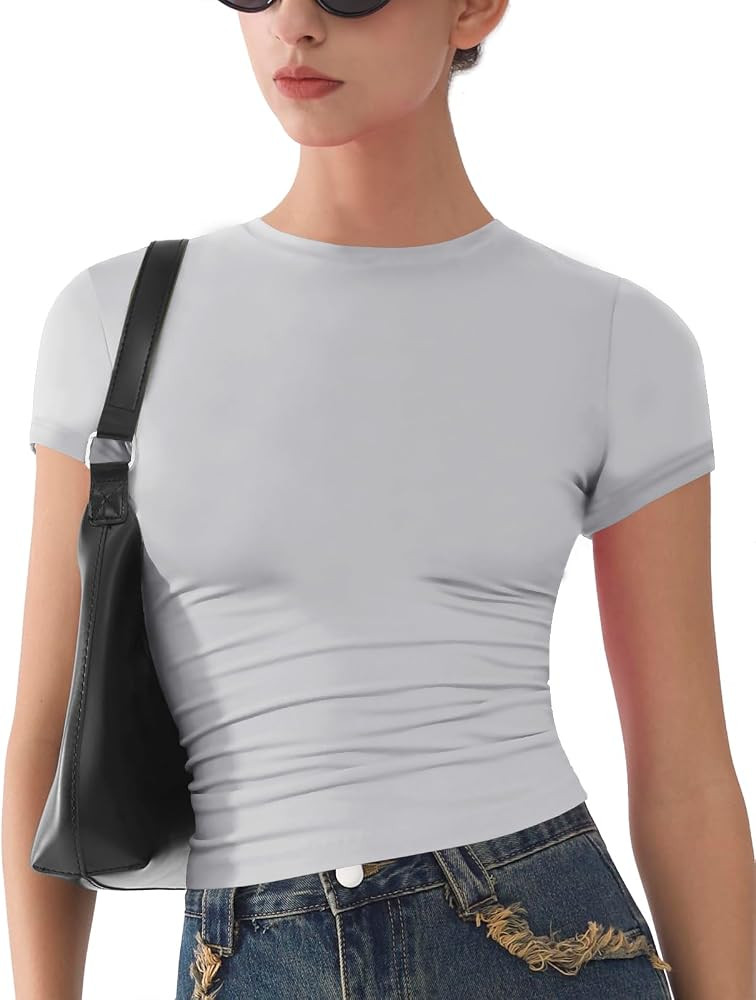 Womens Basic Short Sleeve Slim Fit T Shirts Soft Crewneck Crop Y2k Tees Summer Stretchy Cute Tops | Amazon (US)