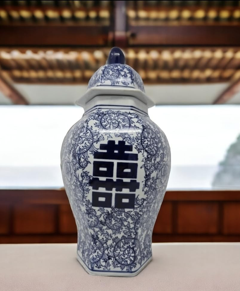 14" Classic Blue and White Porcelain Floral Temple Ginger Jar Vase, China Ming Style, Double Happ... | Amazon (US)