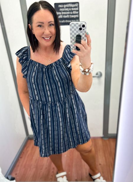 New square neck mini dress at Walmart! Under $17! Wearing a large in mine. Love this navy blue color!  Has pockets too. Sandals run tts  

#LTKSeasonal #LTKFindsUnder50 #LTKMidsize