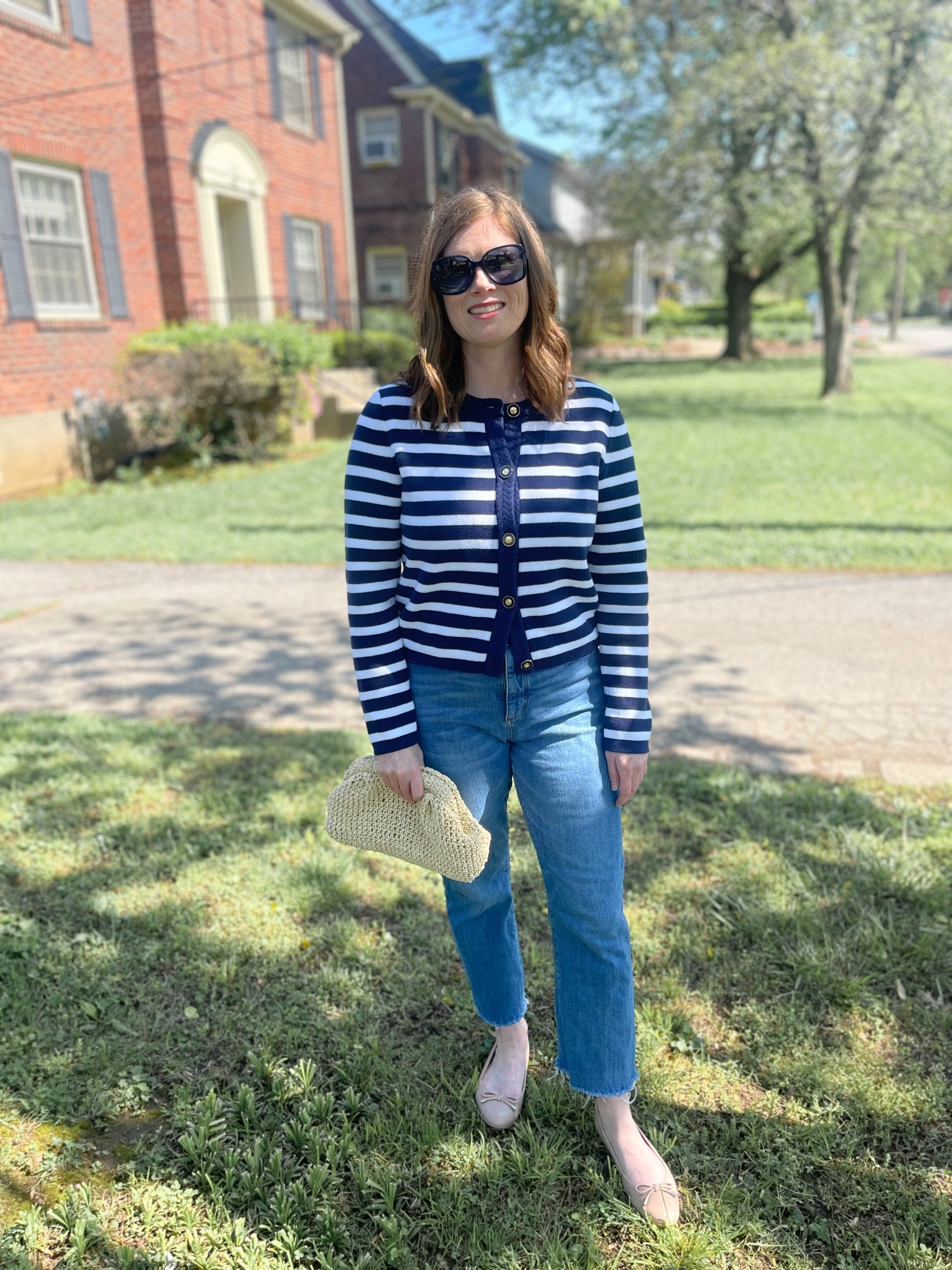 Stripe sweater cardigan, spring cardigan, straw clutch, ballet flats, bow ballet flats 

#LTKitbag #LTKfindsunder50 #LTKSeasonal