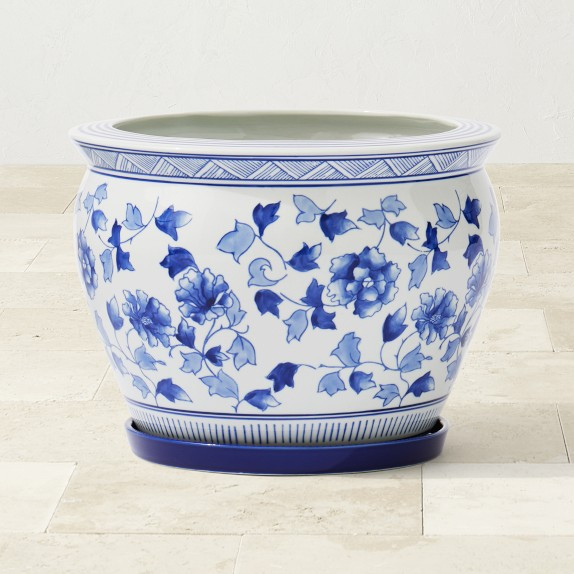 Blue &amp; White Ceramic Planter with Tray Collection | Williams-Sonoma
