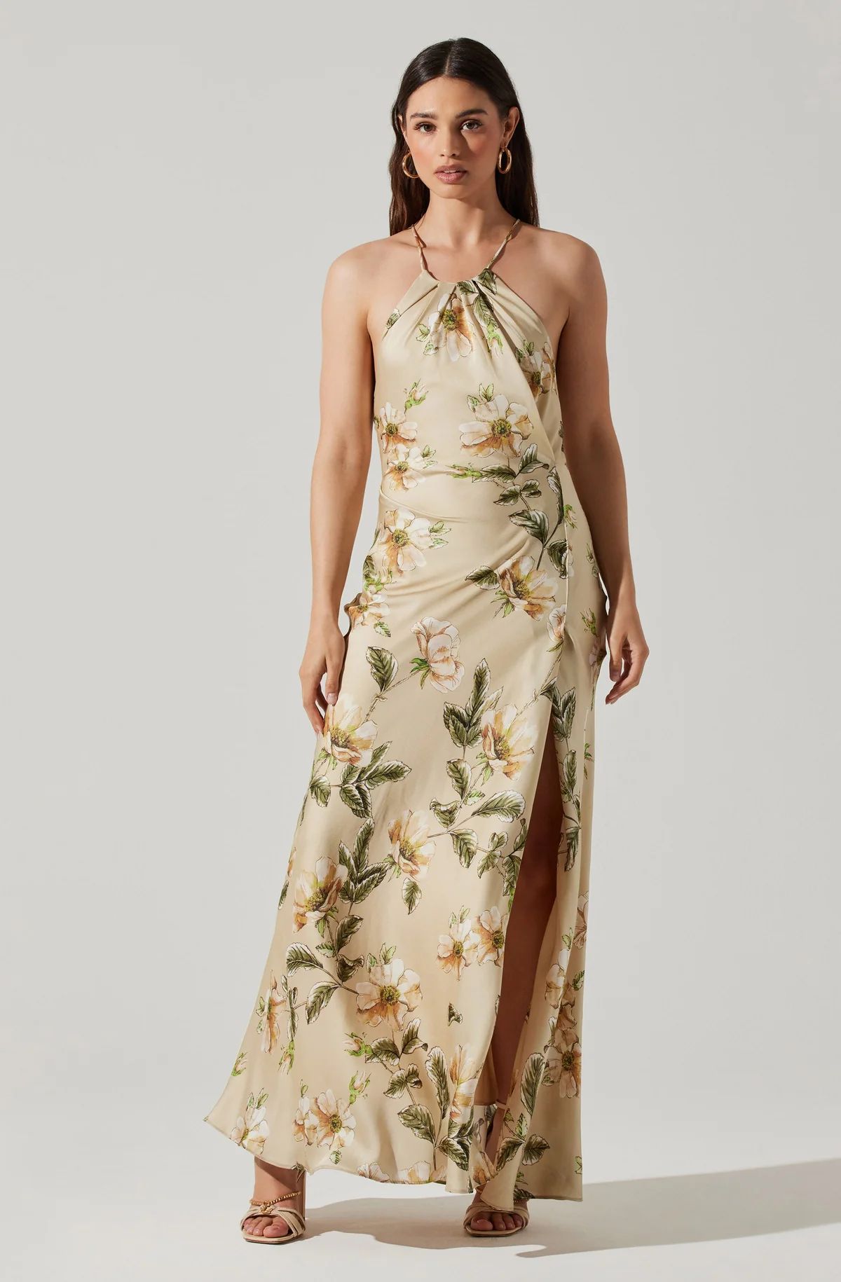 Elynor Satin Floral Halter Maxi Dress | ASTR The Label (US)