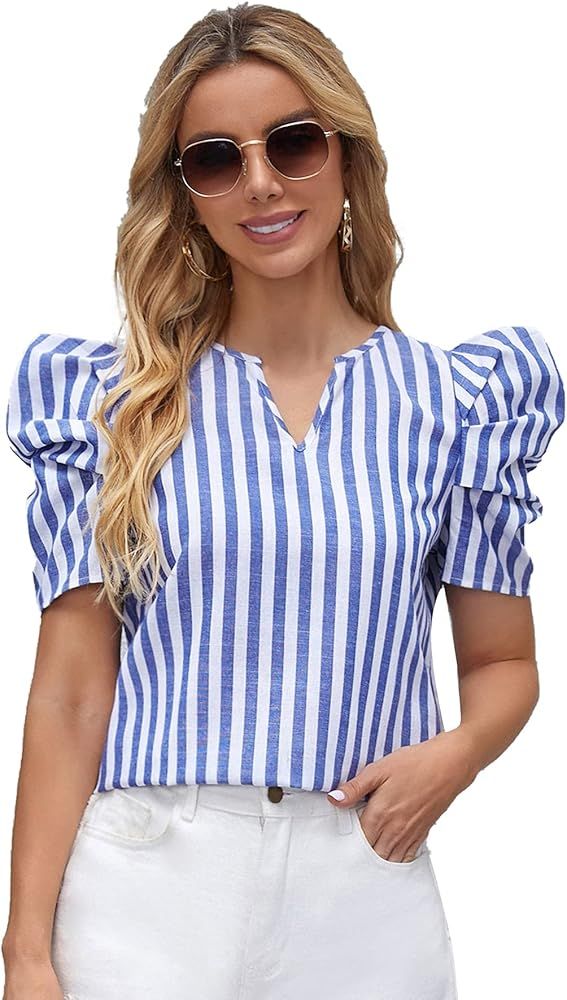Romwe Women's Casual Puff Short Sleeve Frill Trim Mock Neck Solid Work Blouse Tops | Amazon (US)