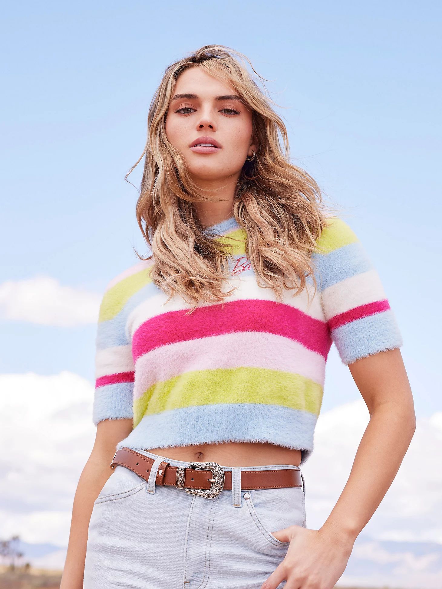 Wrangler x Barbie™ Cropped Fuzzy Rainbow Sweater in Rainbow Stripe | Wrangler