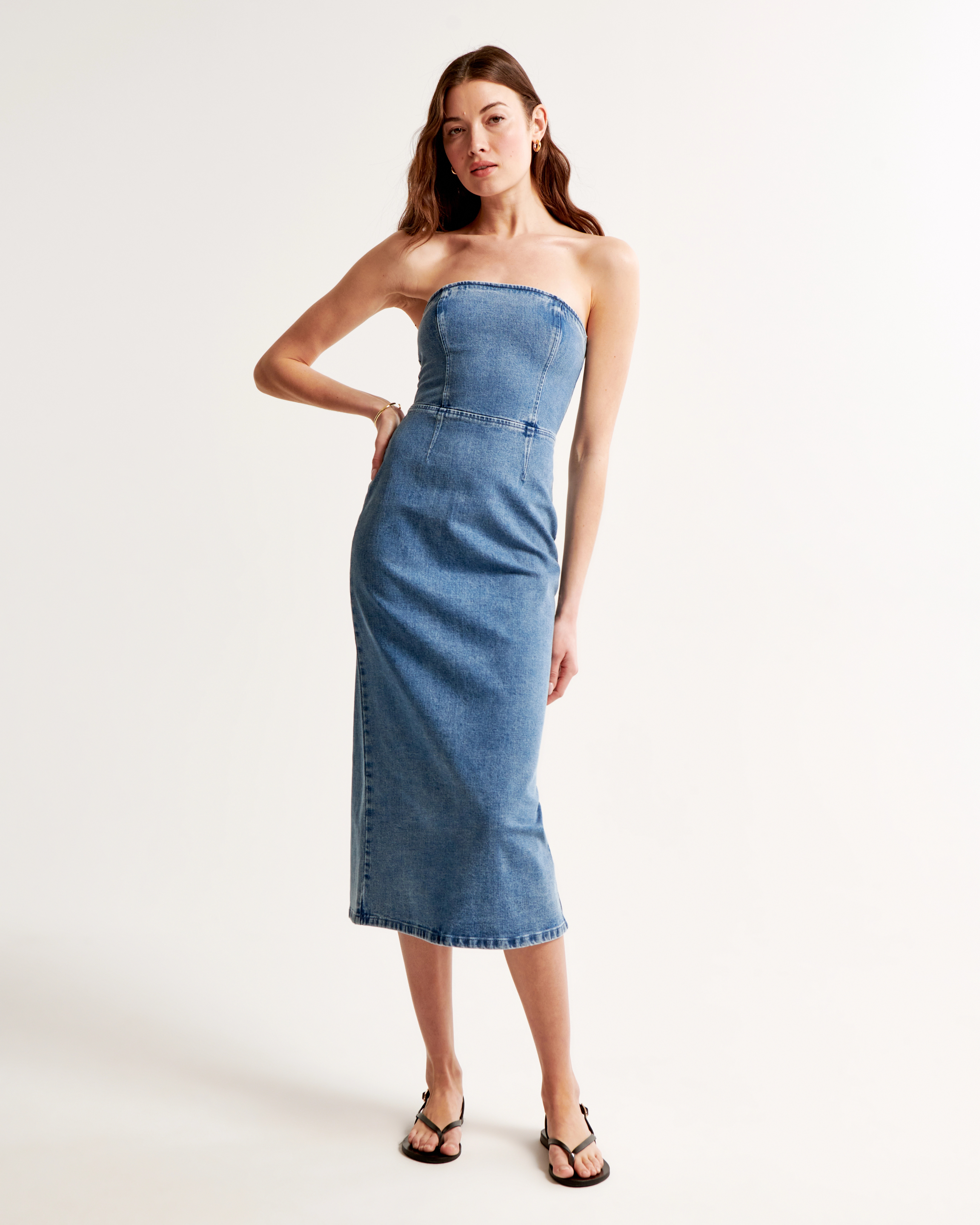 Strapless Denim Midi Dress | Abercrombie & Fitch (US)