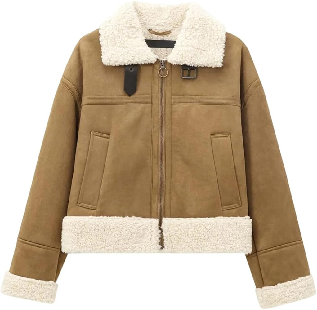 Womens Winter Lamb Wool Sided Jacket Versatile Zipper Decoration Collar Long Sleeve Warm Coat | Amazon (US)