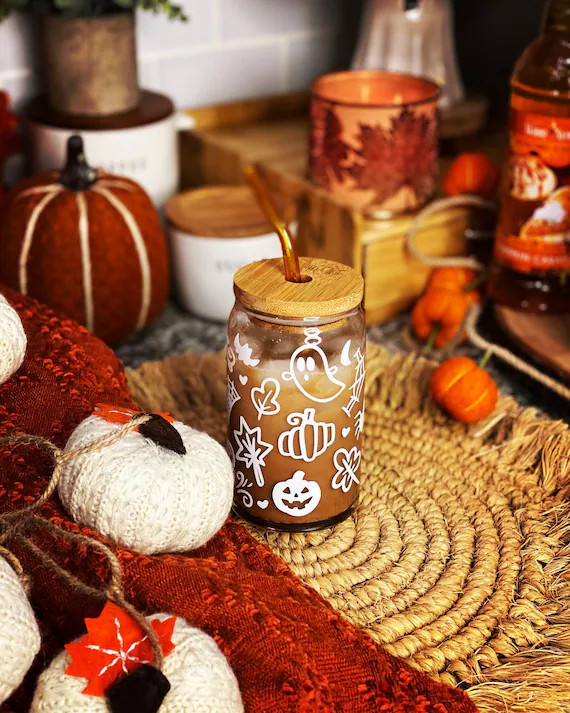 Halloween Doodles Beer Can Glass |Halloween Beer Can Glass | Fall Doodles Iced Coffee Glass | Fal... | Etsy (US)