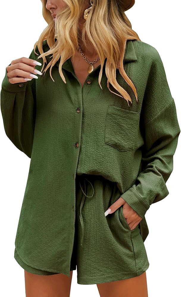 Ekouaer Two Piece Sets for Women Long Sleeve Lounge Set Button Down Shirts and Casual Shorts with... | Amazon (US)