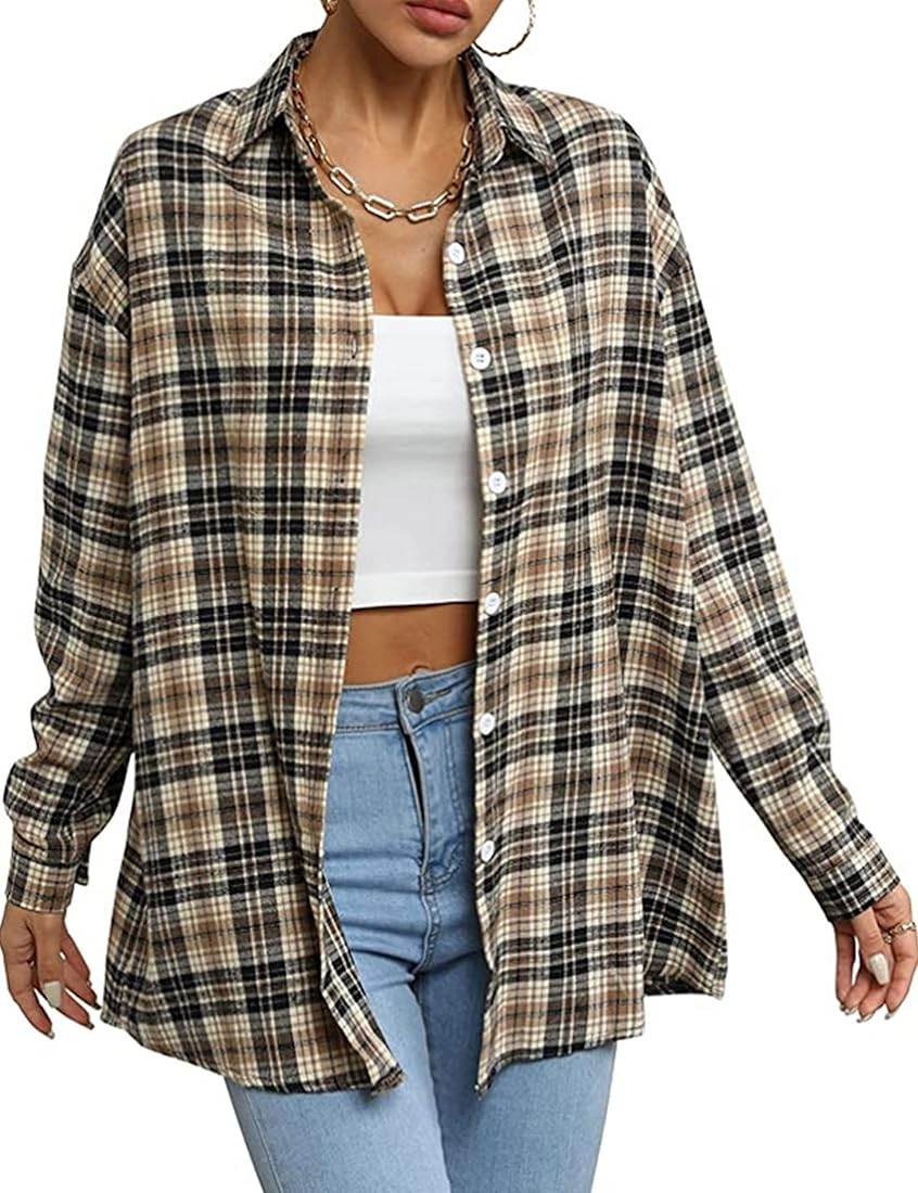 Zontroldy Plaid Flannel Shirts for Women Oversized Long Sleeve Button Down Buffalo Plaid Shirt Blous | Amazon (US)