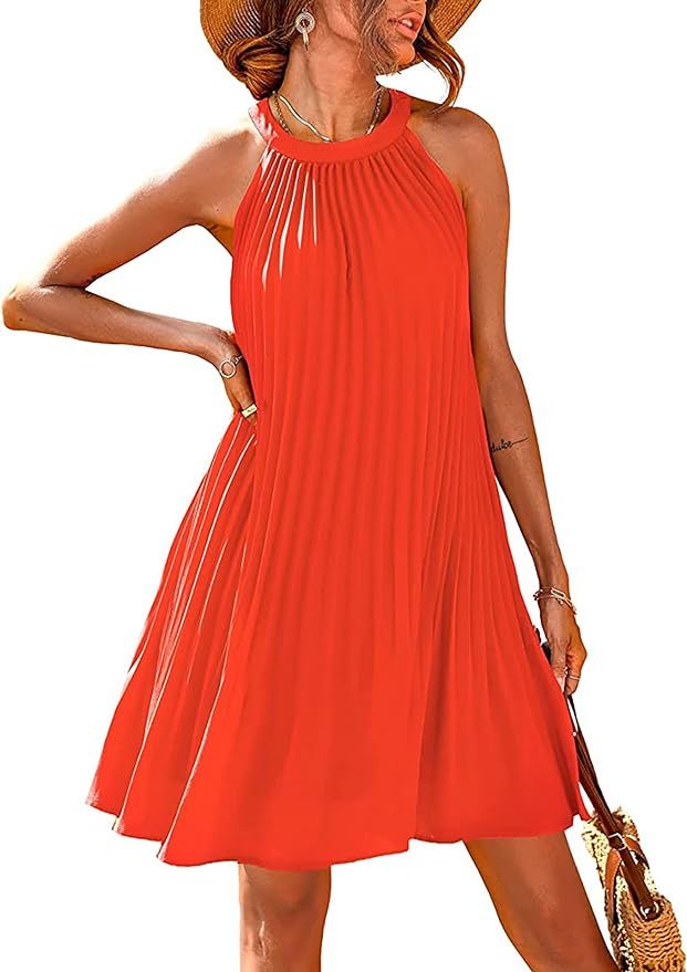 PRETTYGARDEN Womens Summer Dresses 2024 Cute Halter Neck Sleeveless Mini Dress Solid Color Flowy ... | Amazon (US)