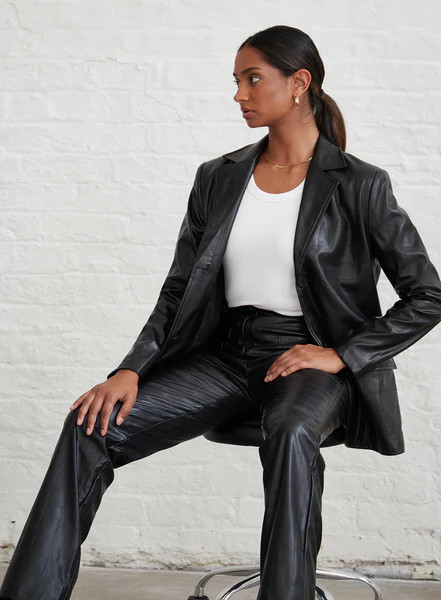 Black Check Stitch Faux Leather Blazer - Hutton | 4th & Reckless