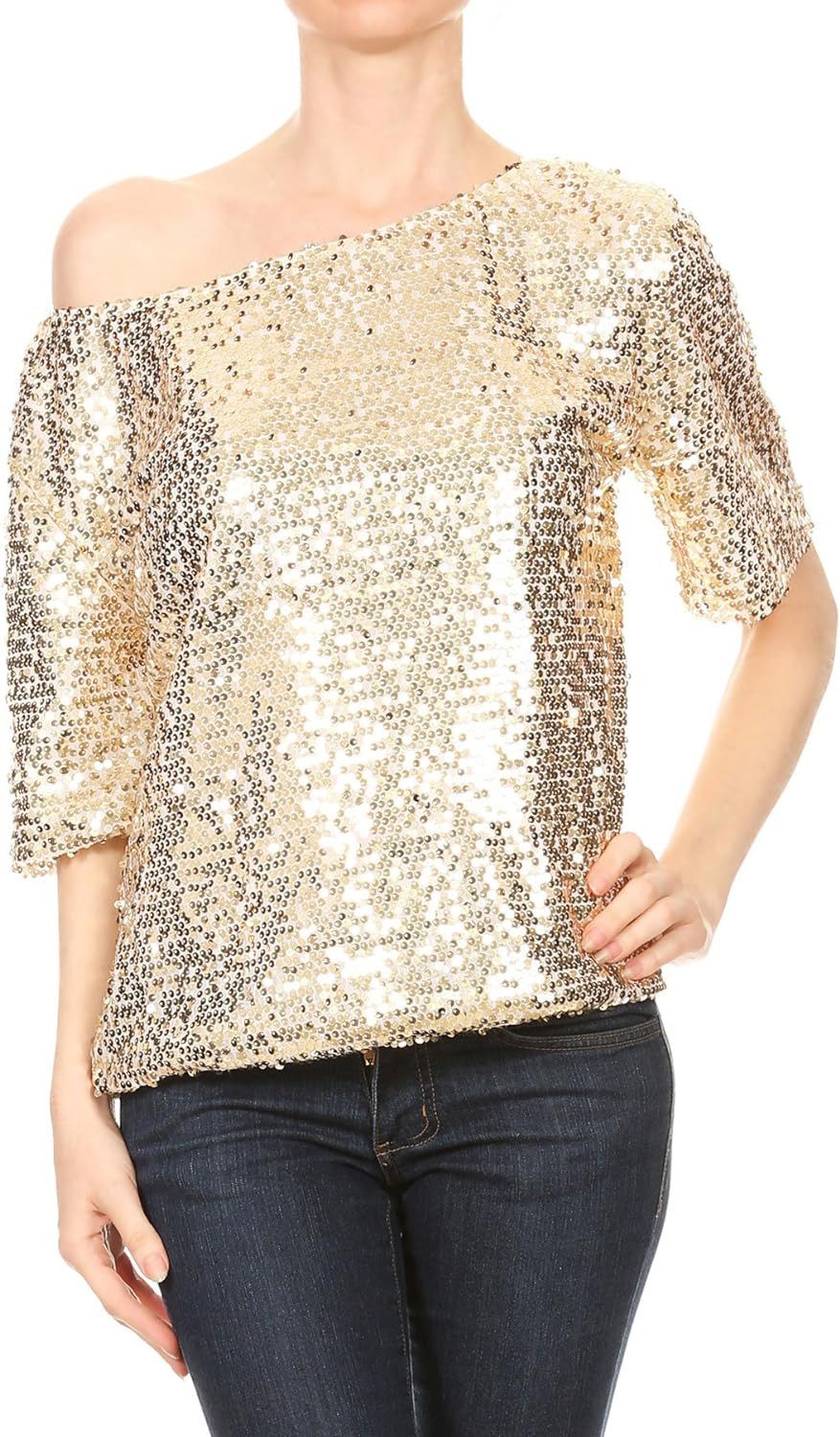 ANNA-KACI Womens Short Sleeve One Shoulder Sexy Sequin Top Blouse | Amazon (US)