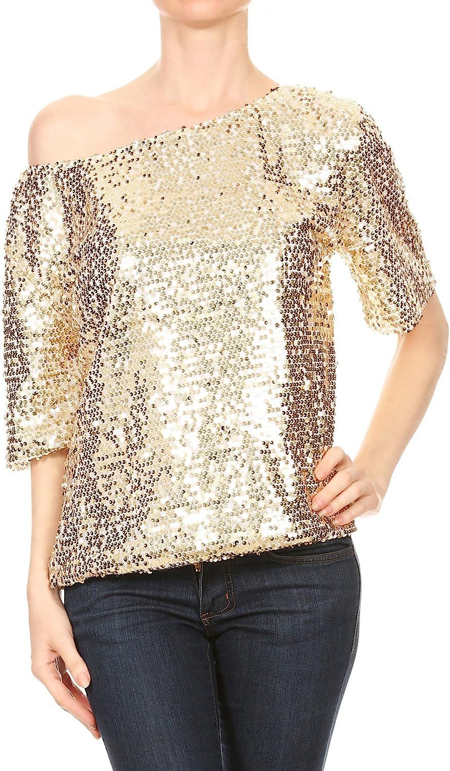 ANNA-KACI Womens Short Sleeve One Shoulder Sexy Sequin Top Blouse | Amazon (US)