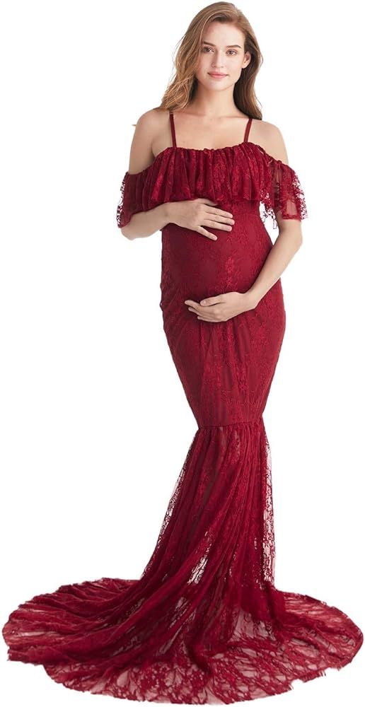 HIHCBF Ruffle Lace Maternity Mermaid Gown      
 rayon, spandex, Lace | Amazon (US)