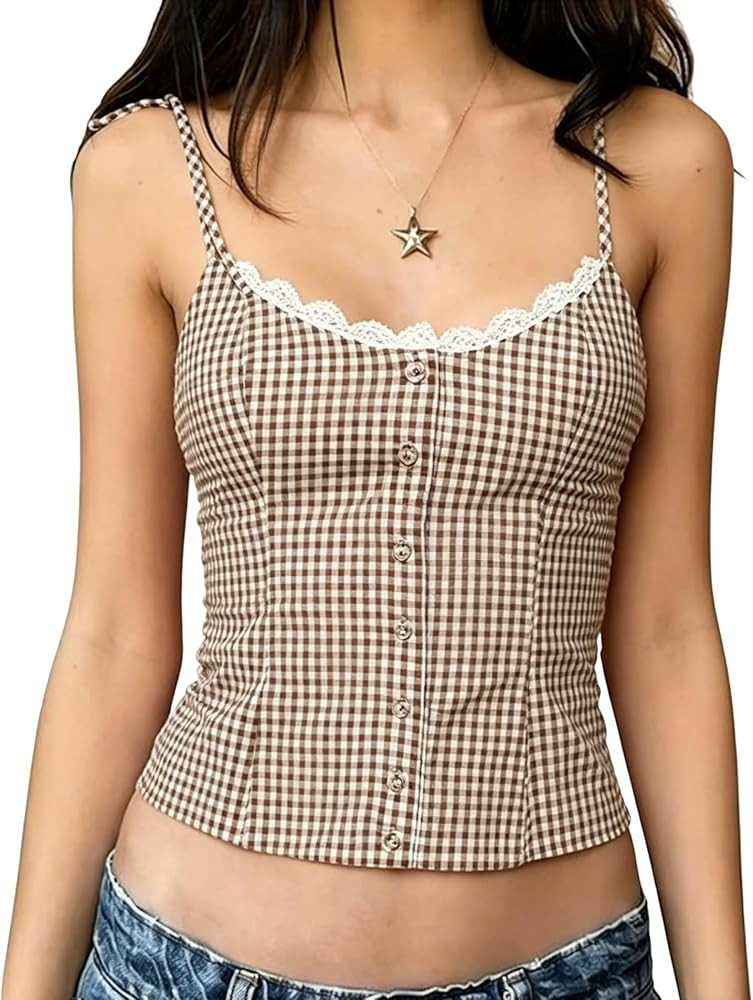 Gingham Tank Top Y2k Women Checkered Cami Slim Fit Tie Shoulder Camisole | Amazon (US)