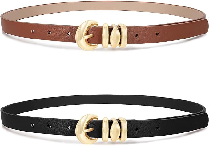 XZQTIVE 2 Pack Womens Skinny Leather Belts for Ladies Thin Waist Belt for Jeans Dresses Pants Coa... | Amazon (US)